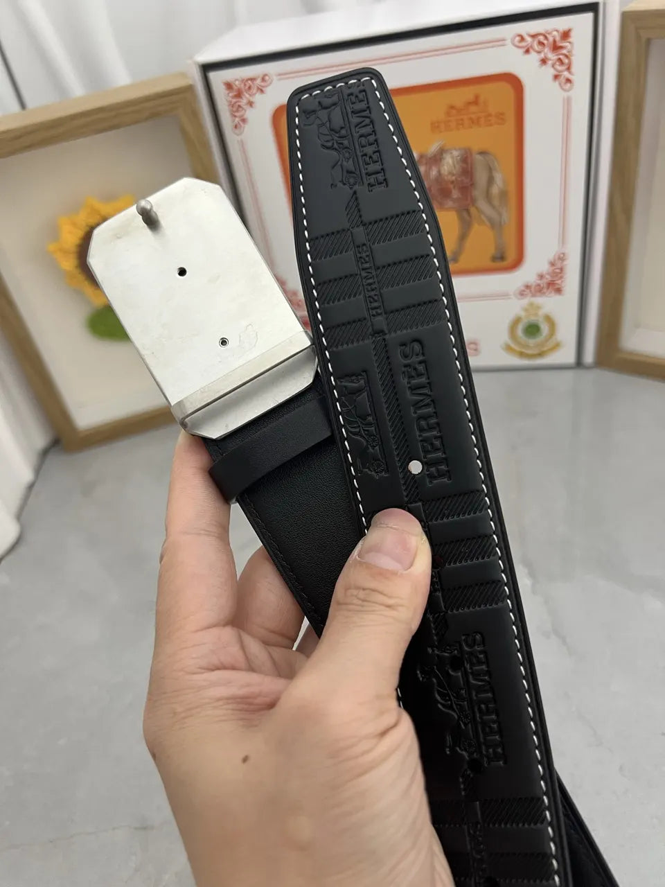 premium Hermes Black Leather Belt Silver Buckle - Hình 4