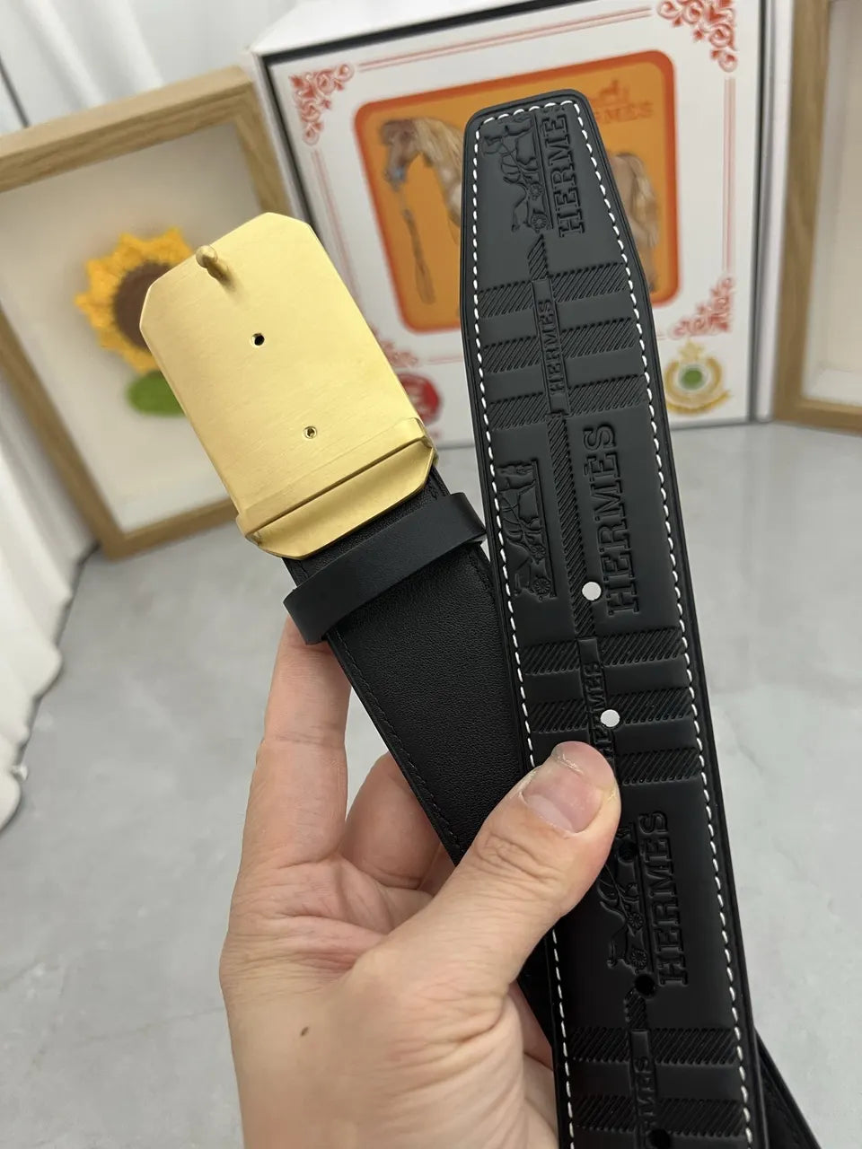 Hermes Black Embossed Leather Belt - Hình 3