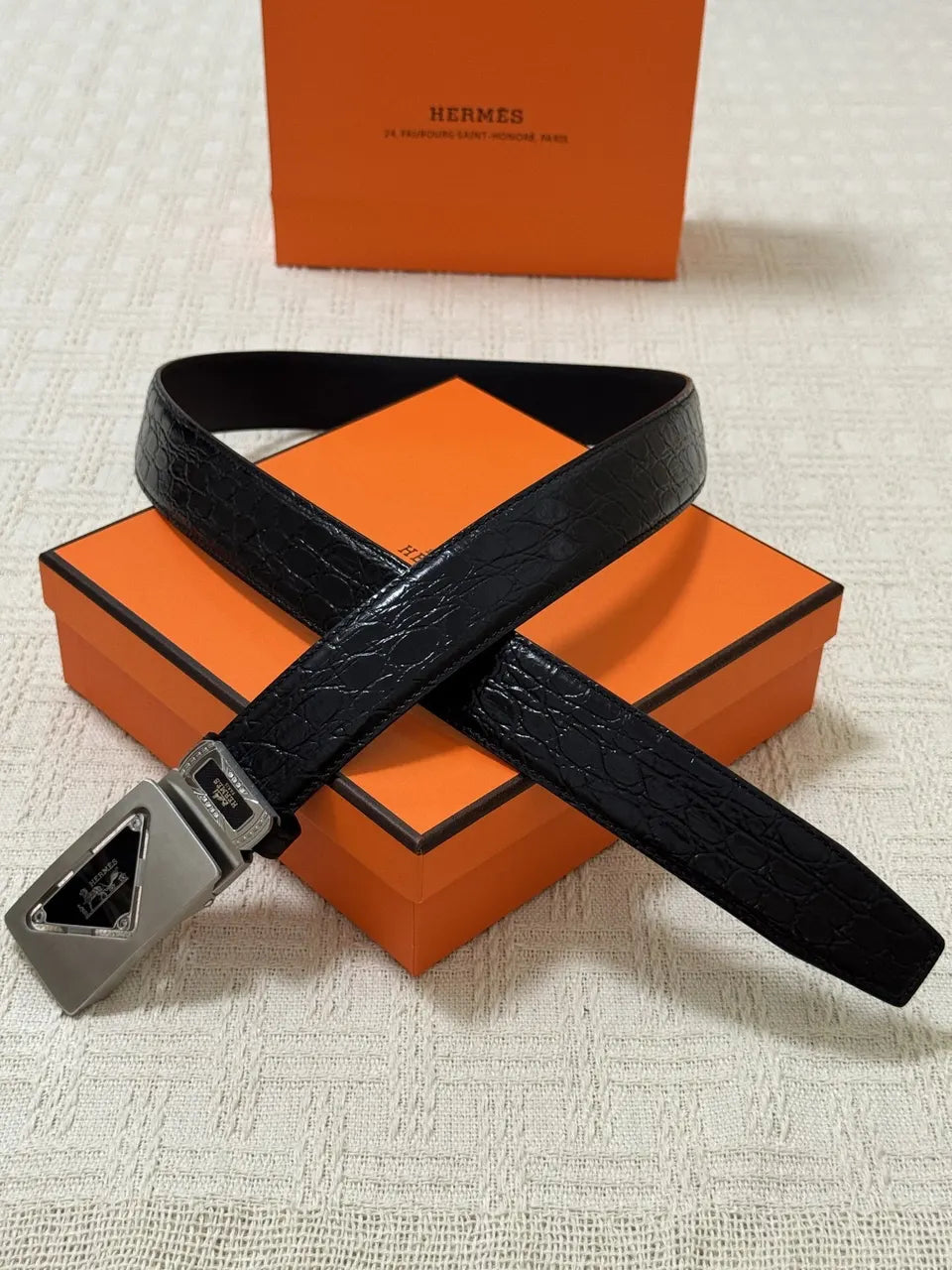 leather Hermes Black Crocodile Belt
