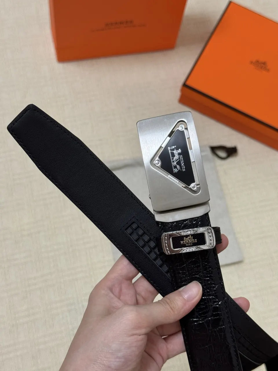 leather Hermes Black Crocodile Belt - Hình 4