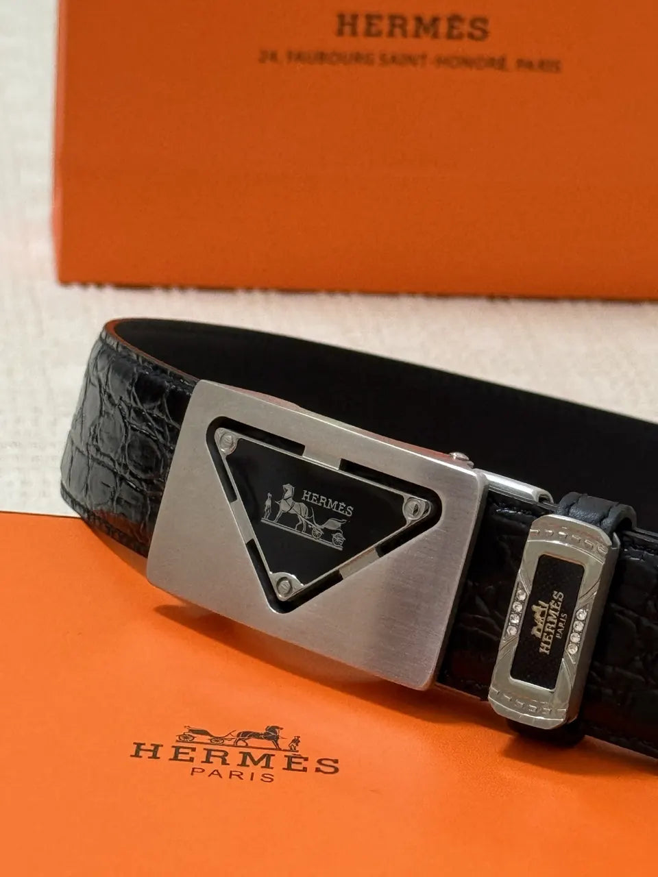 leather Hermes Black Crocodile Belt - Hình 5