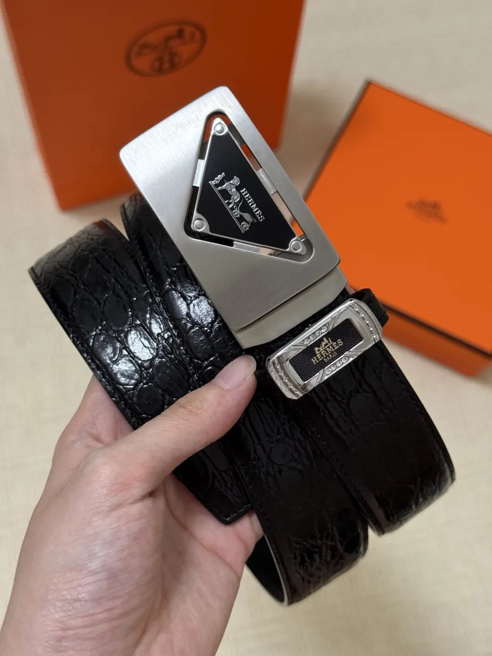 leather Hermes Black Crocodile Belt - Hình 6