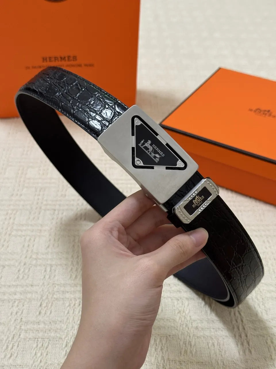 leather Hermes Black Crocodile Belt - Hình 7