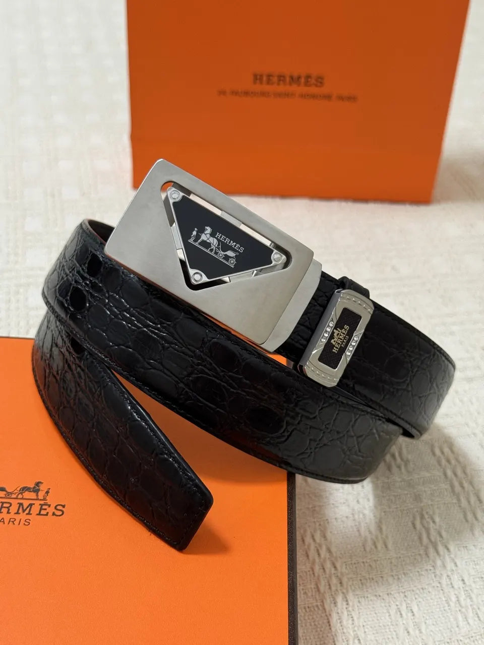leather Hermes Black Crocodile Belt - Hình 9
