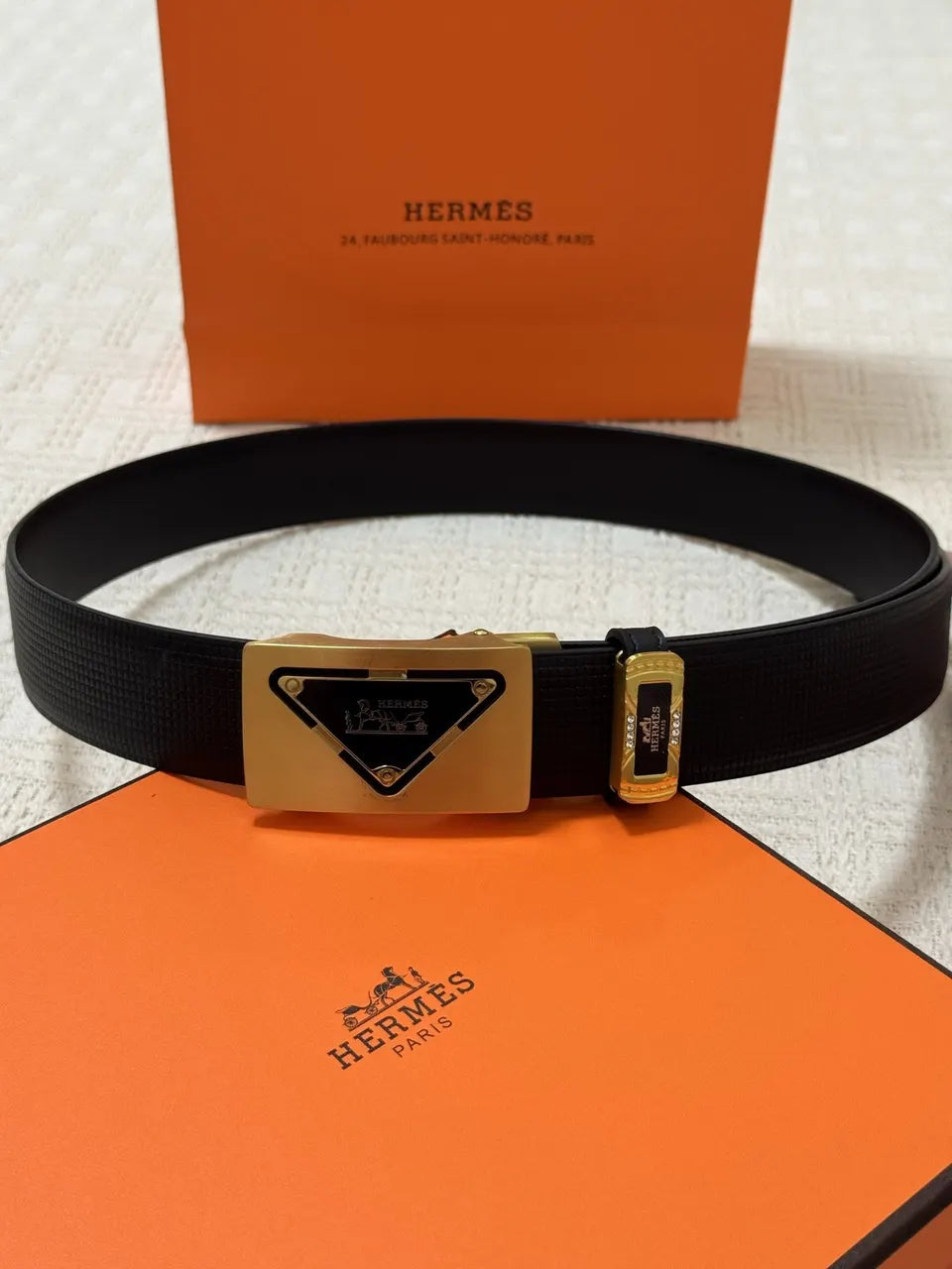 gold Hermes Black Grain Leather Belt - Hình 2