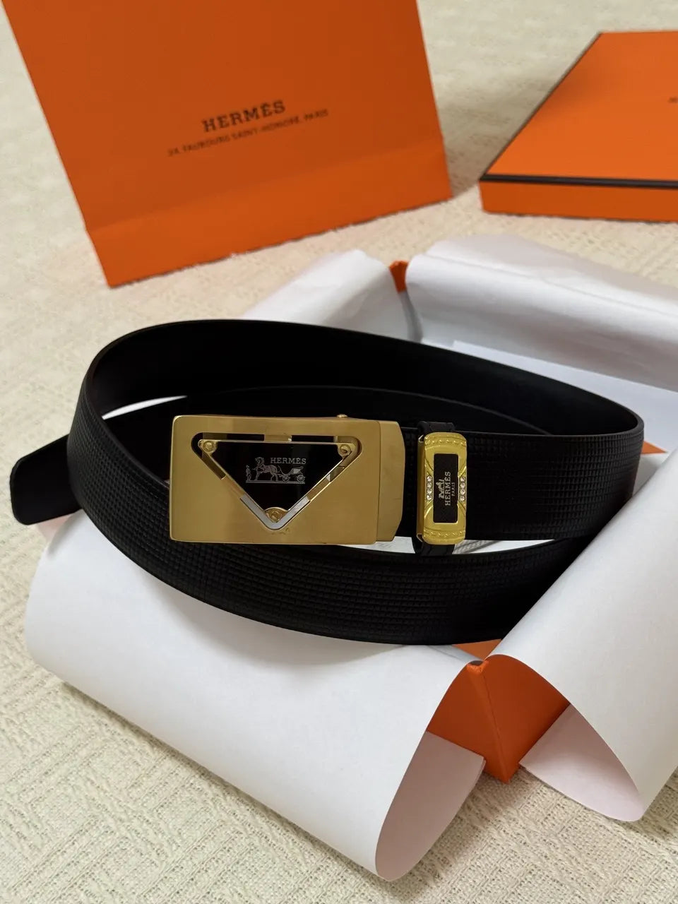 gold Hermes Black Grain Leather Belt - Hình 4