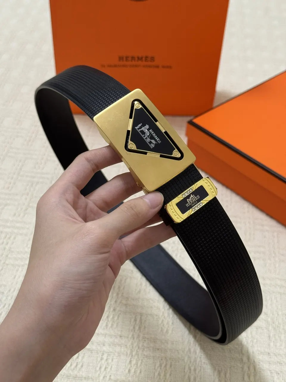 gold Hermes Black Grain Leather Belt - Hình 6