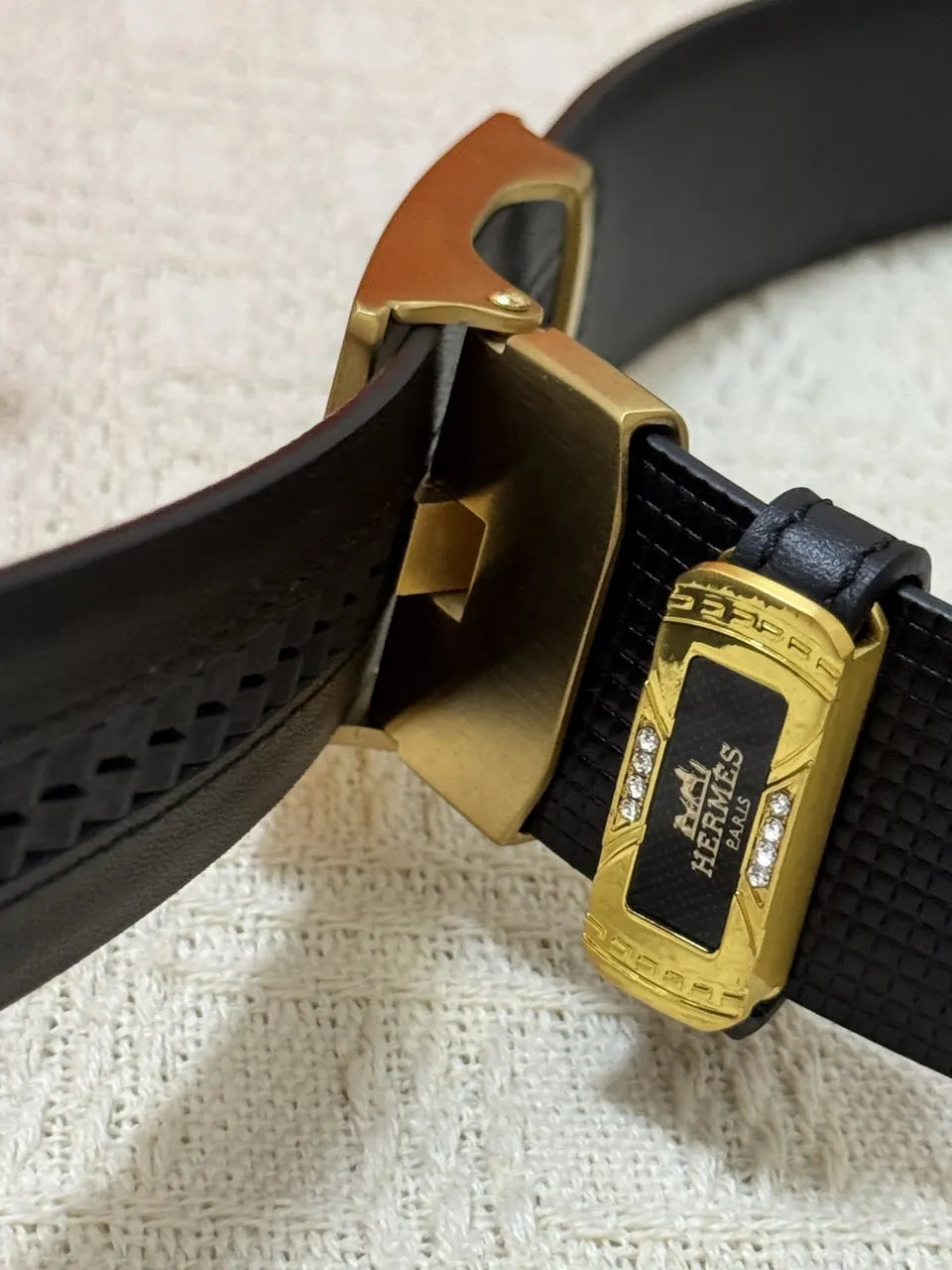 gold Hermes Black Grain Leather Belt - Hình 7