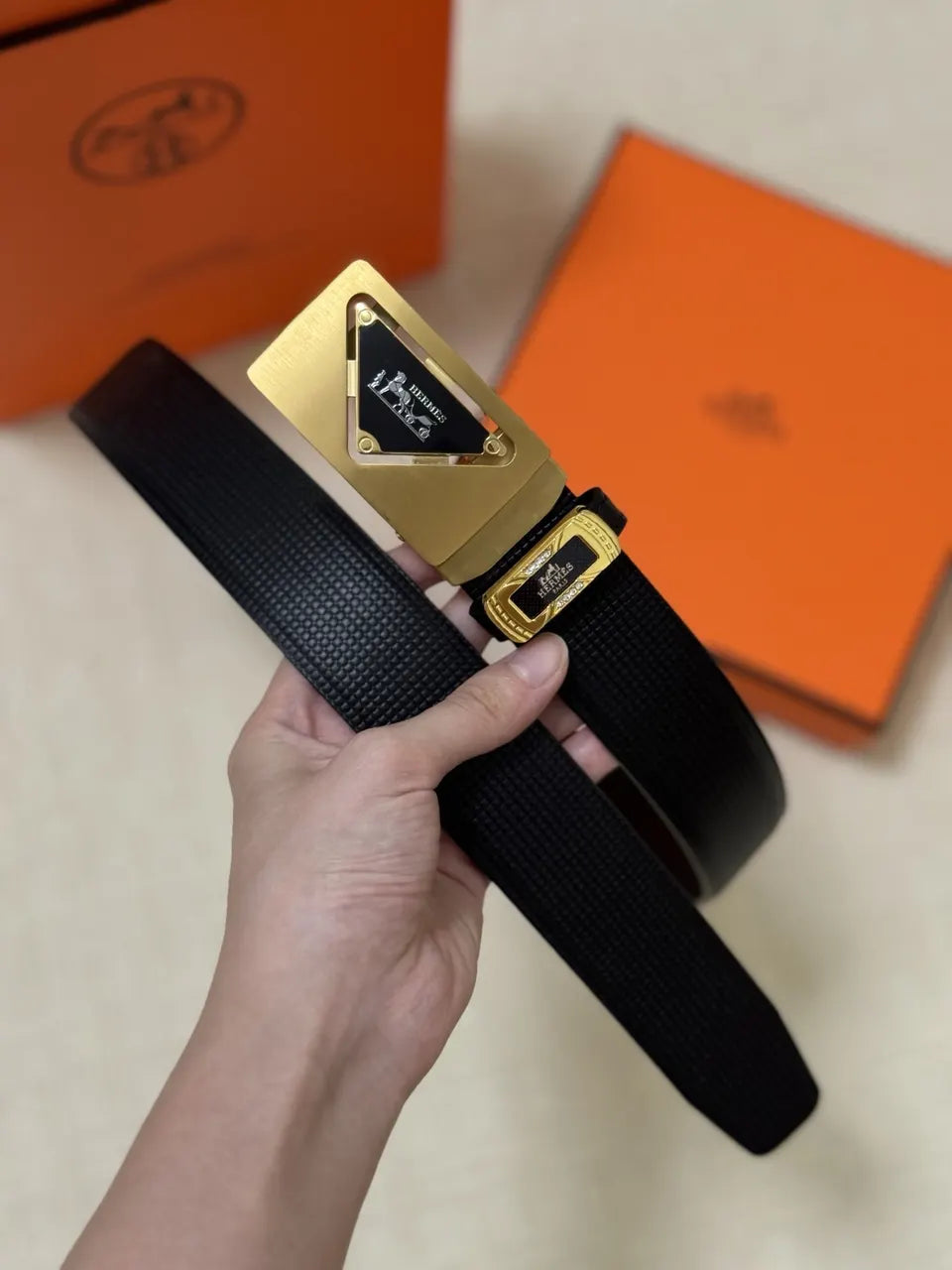 gold Hermes Black Grain Leather Belt - Hình 9