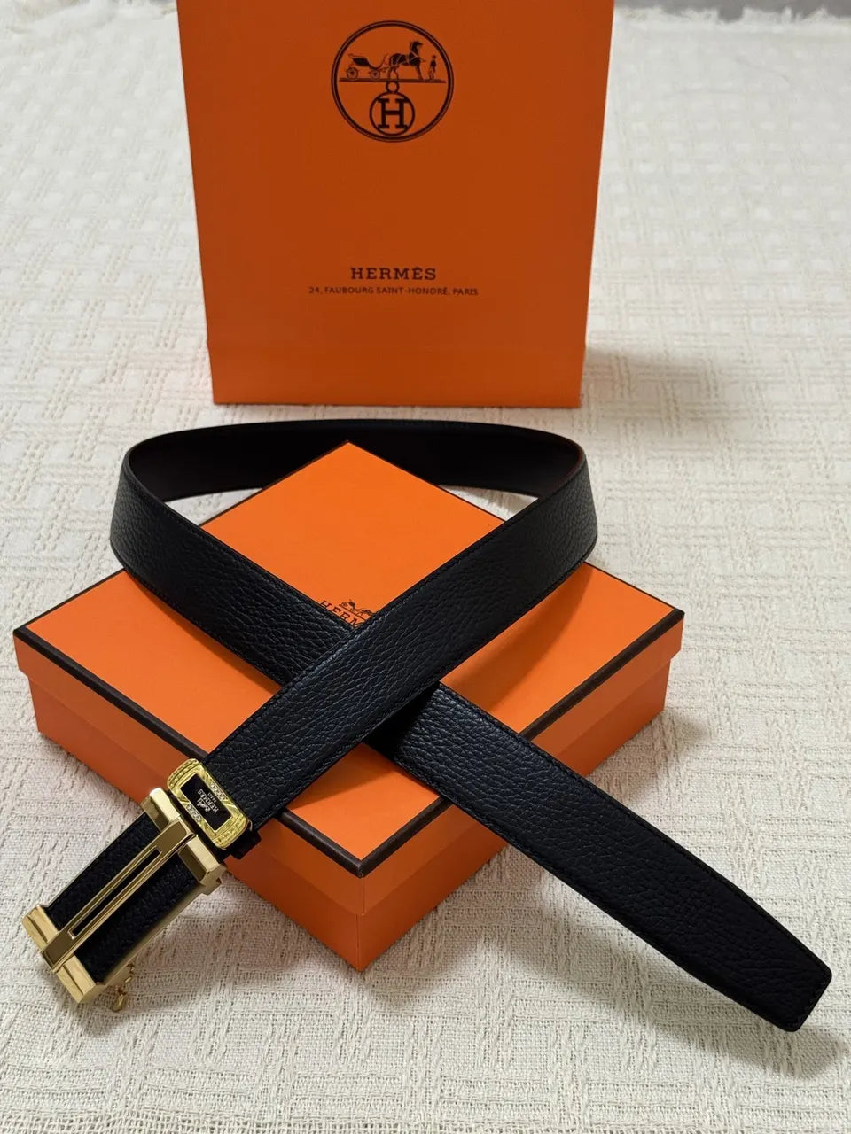 Hermes Black Grained Leather Belt