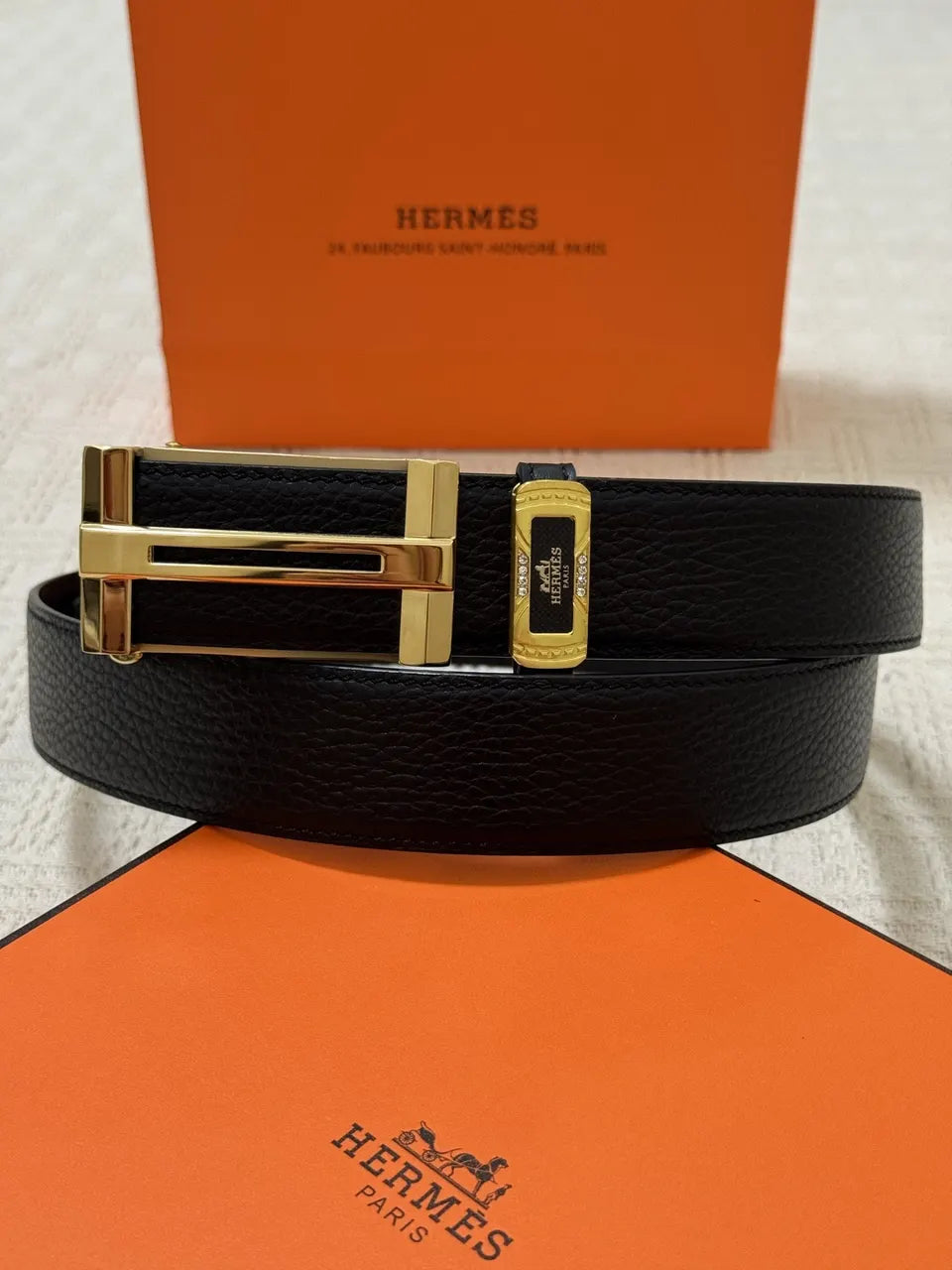 Hermes Black Grained Leather Belt - Hình 2