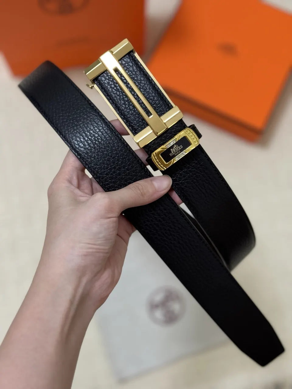 Hermes Black Grained Leather Belt - Hình 7