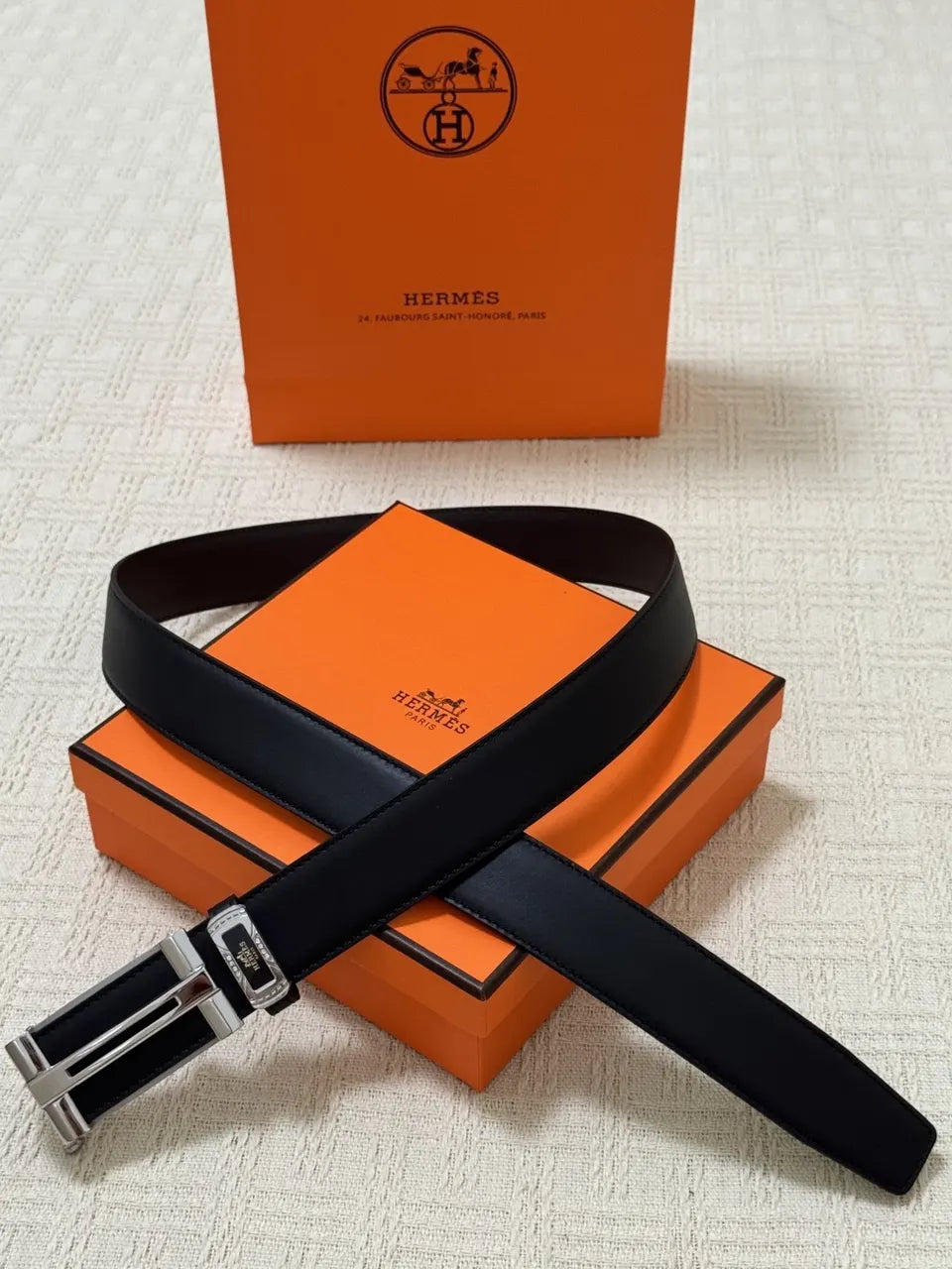 Hermes Black Leather Belt Silver Buckle