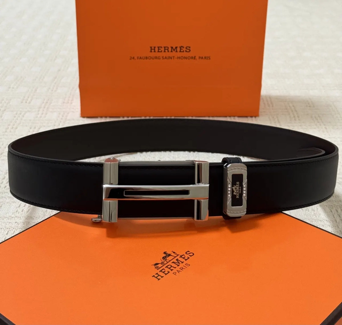 Hermes Black Leather Belt Silver Buckle - Hình 3