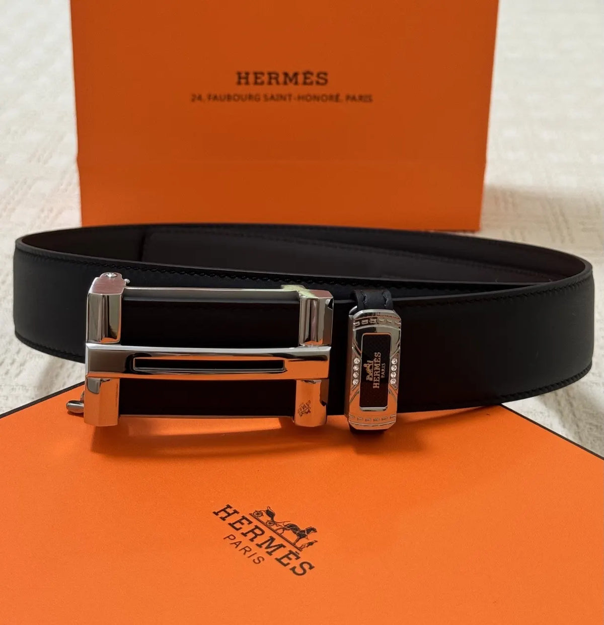Hermes Black Leather Belt Silver Buckle - Hình 6