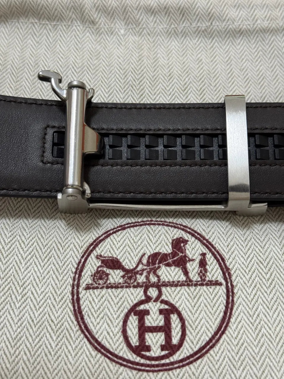 Hermes Black Leather Belt Silver Buckle - Hình 8