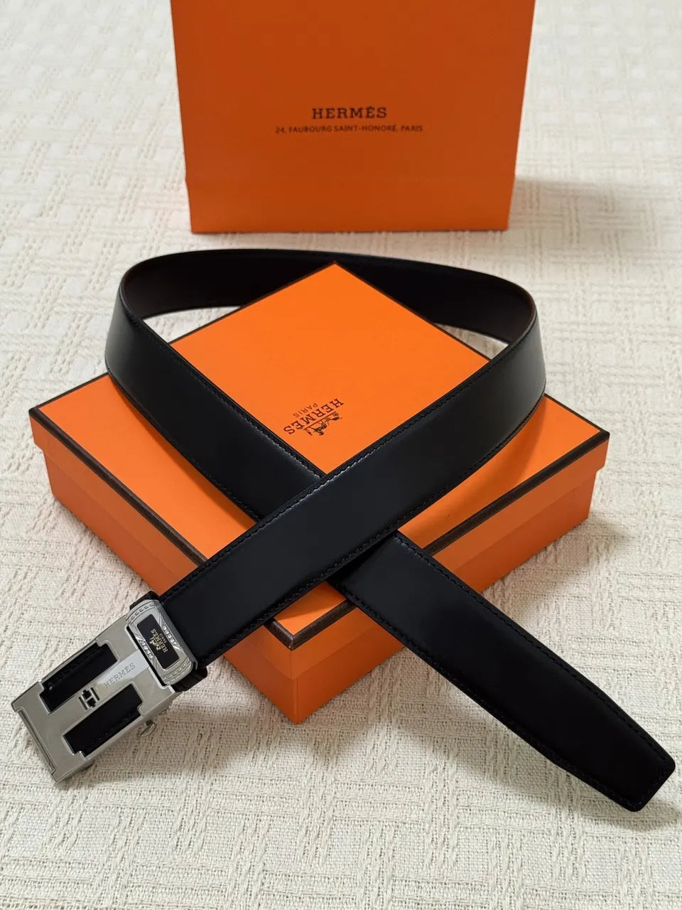 Hermes Black Leather Silver Belt