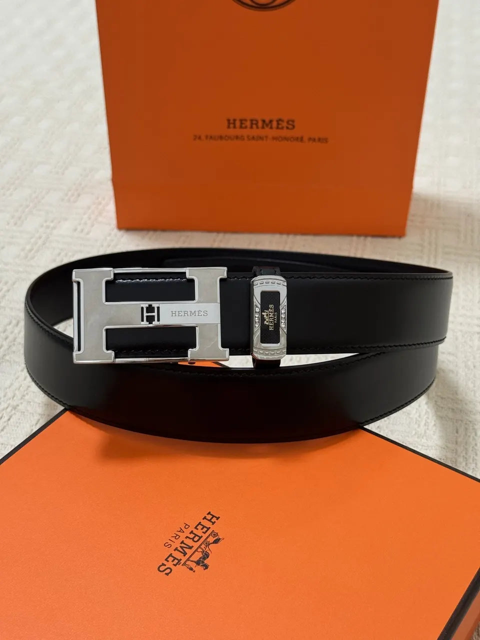 Hermes Black Leather Silver Belt - Hình 2
