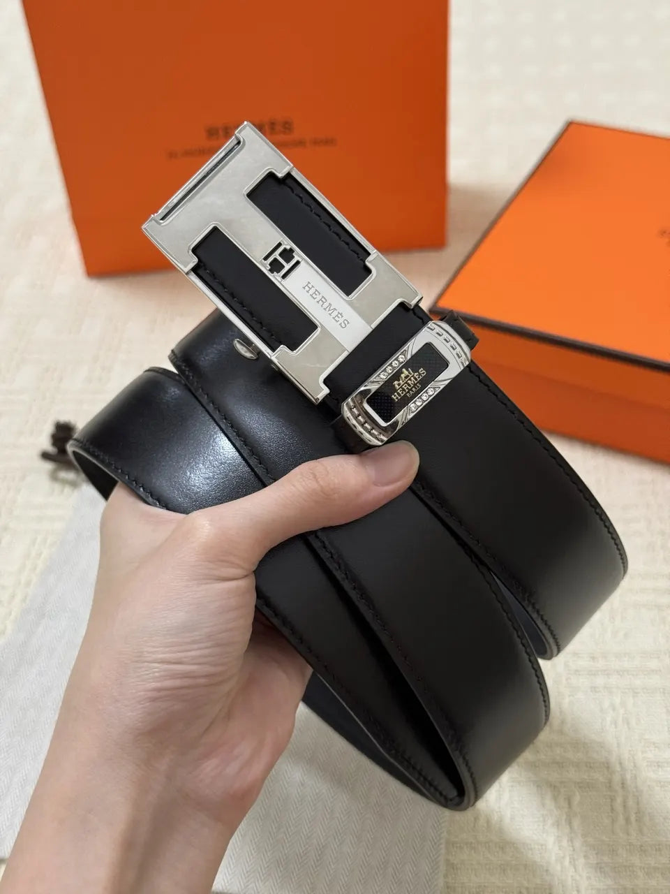 Hermes Black Leather Silver Belt - Hình 3