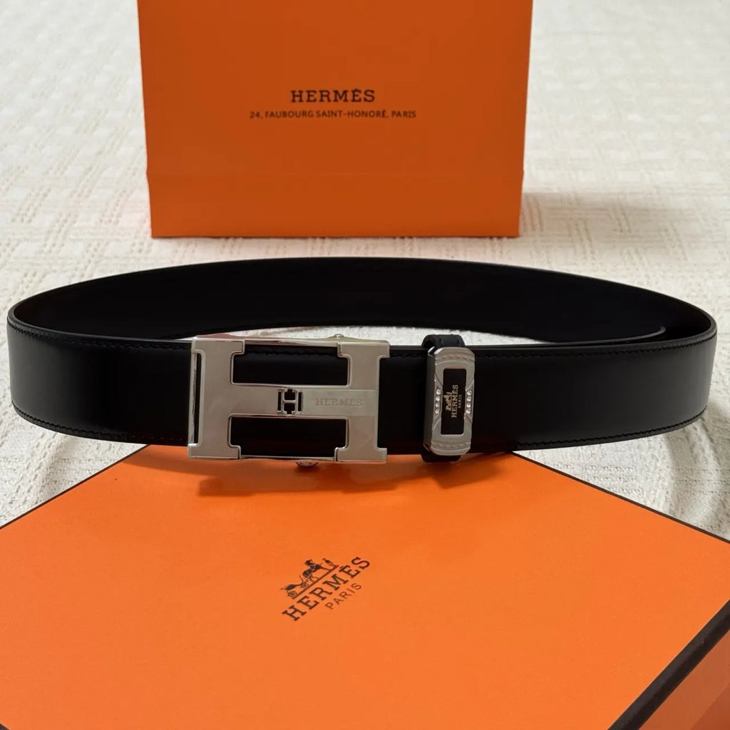 Hermes Black Leather Silver Belt - Hình 4