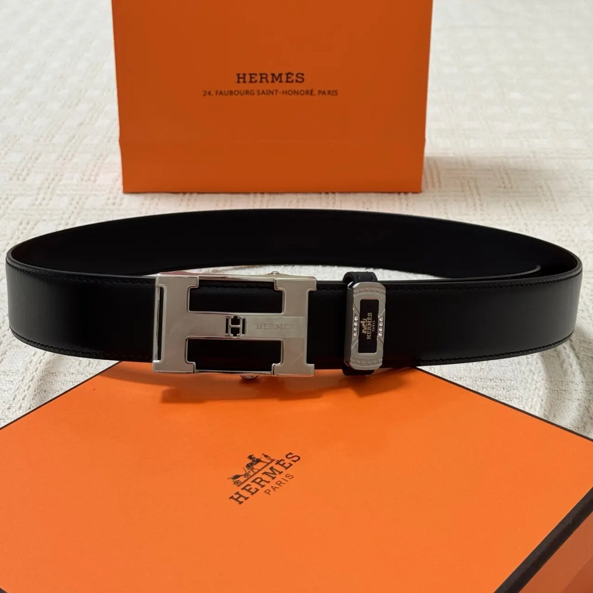 Hermes Black Leather Silver Belt - Hình 4