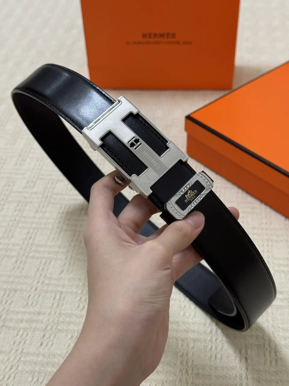 Hermes Black Leather Silver Belt - Hình 5