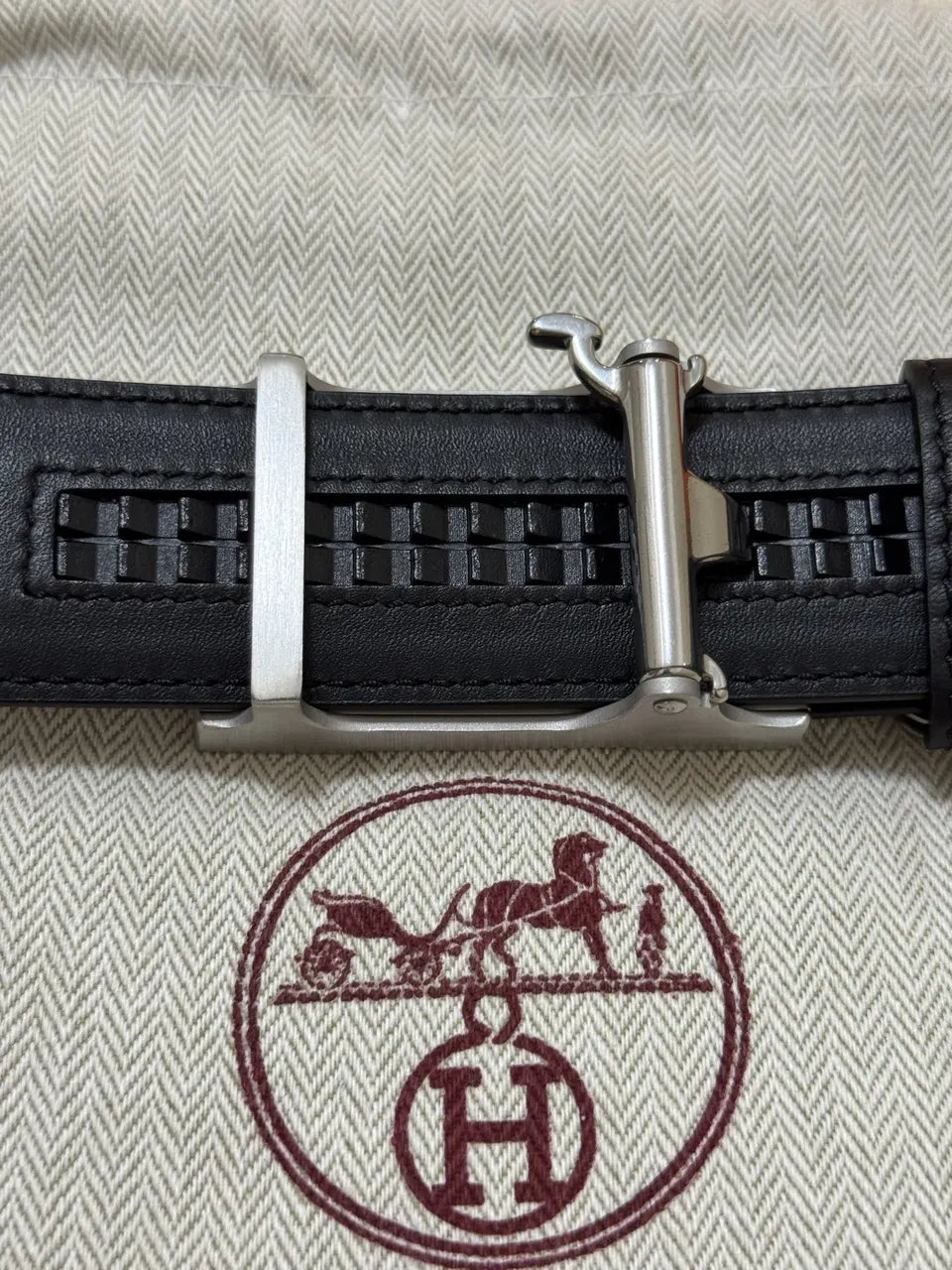 Hermes Black Leather Silver Belt - Hình 6