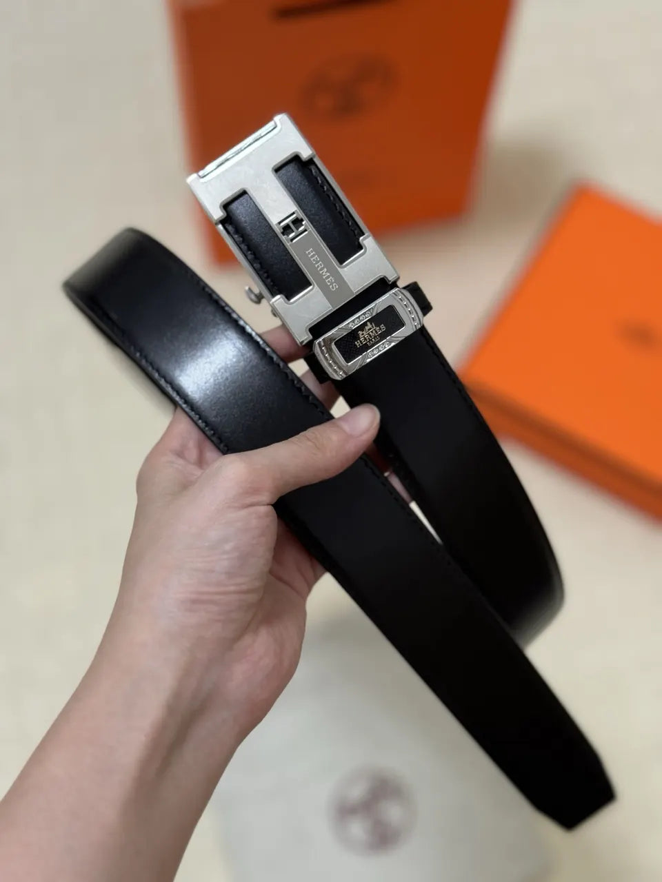 Hermes Black Leather Silver Belt - Hình 7