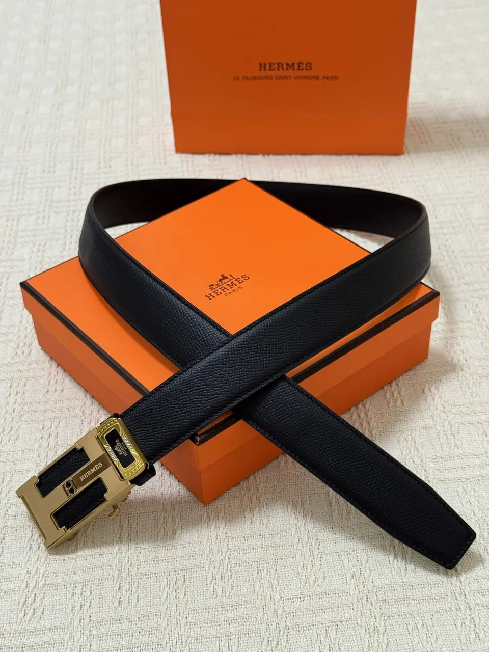 Hermes Black Leather Belt - Gold H Buckle