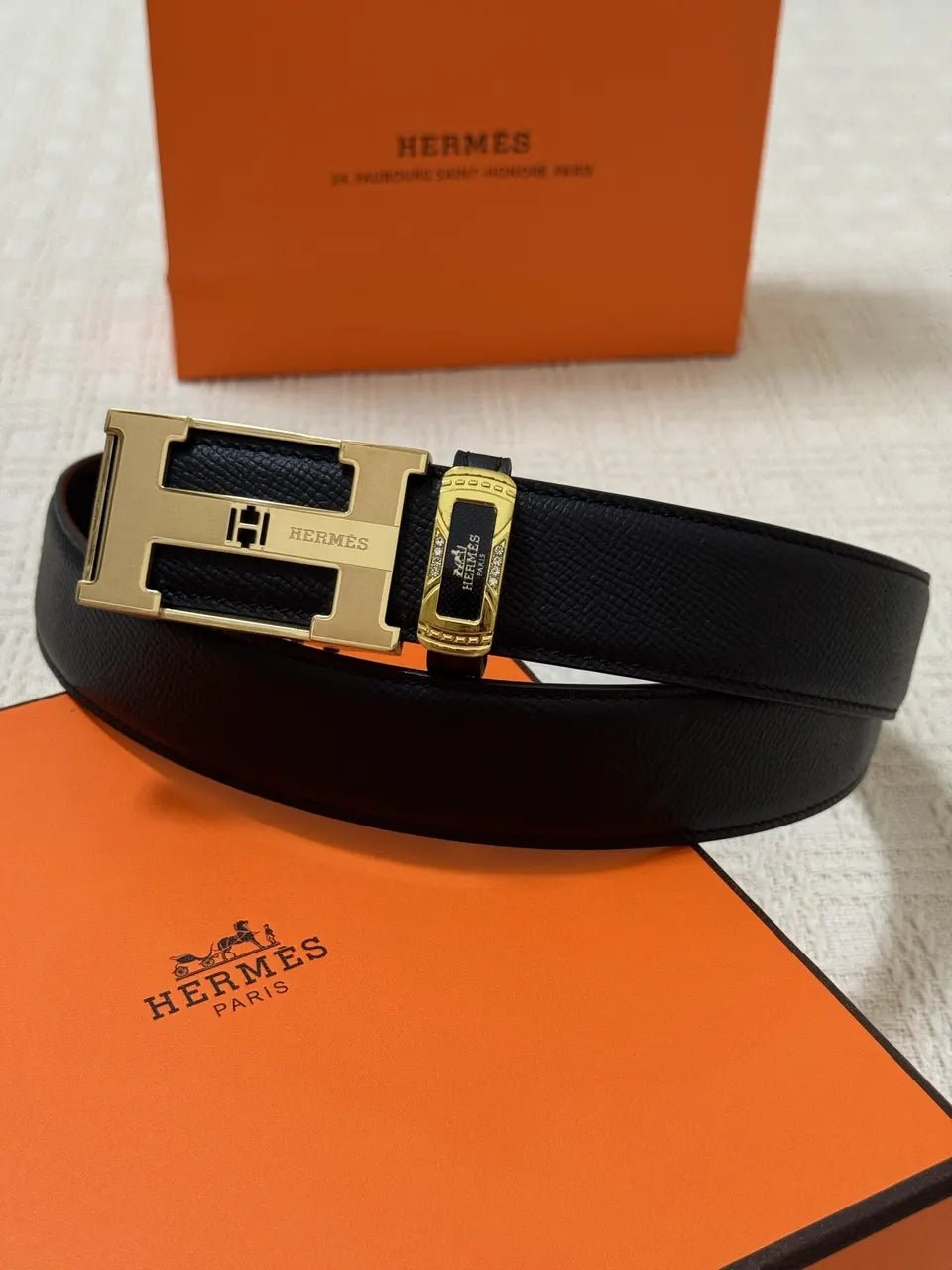 Hermes Black Leather Belt - Gold H Buckle - Hình 2
