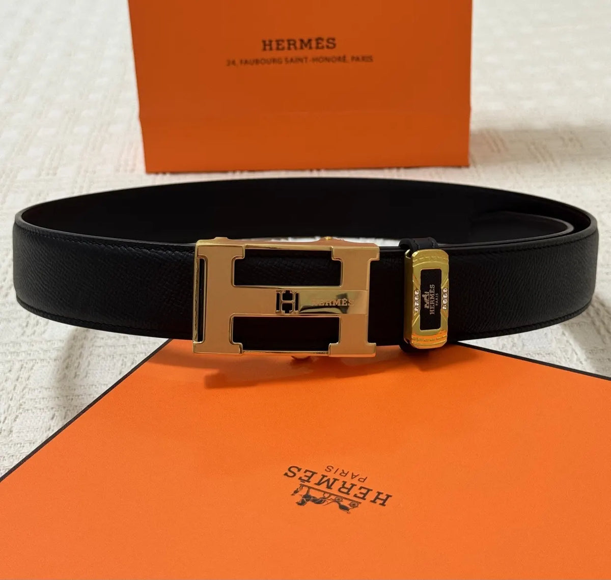 Hermes Black Leather Belt - Gold H Buckle - Hình 4