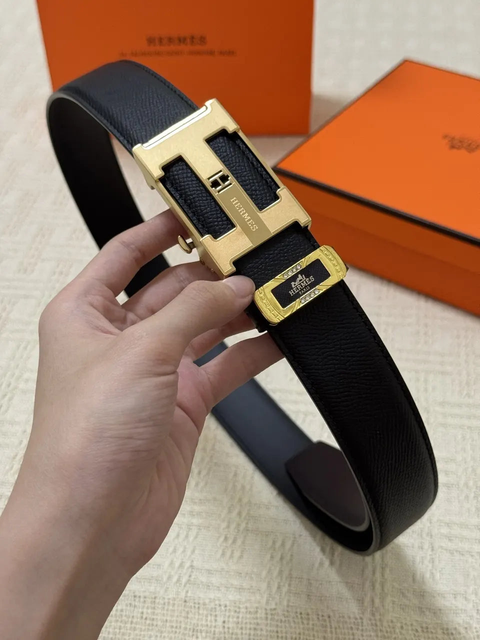 Hermes Black Leather Belt - Gold H Buckle - Hình 5