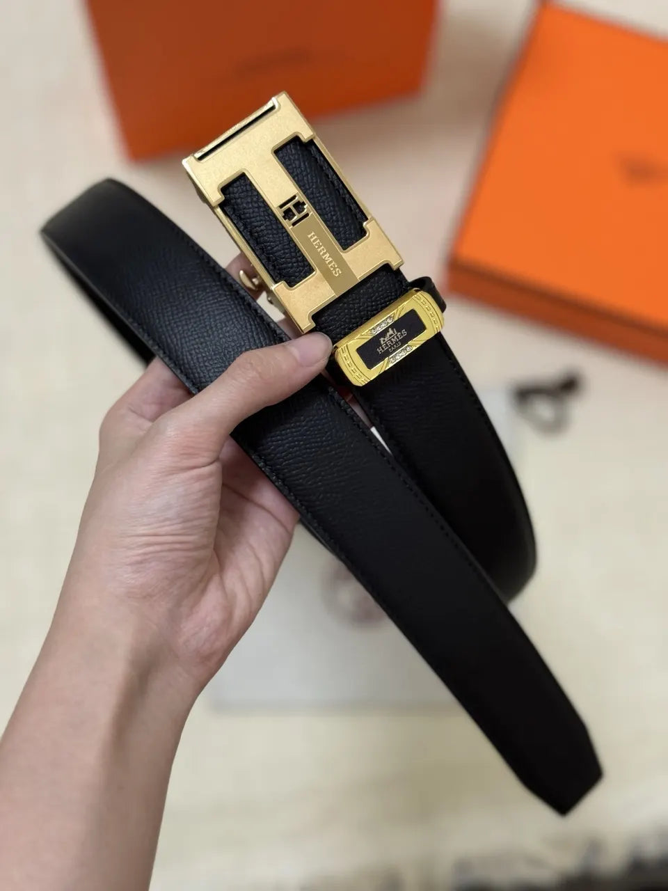 Hermes Black Leather Belt - Gold H Buckle - Hình 7