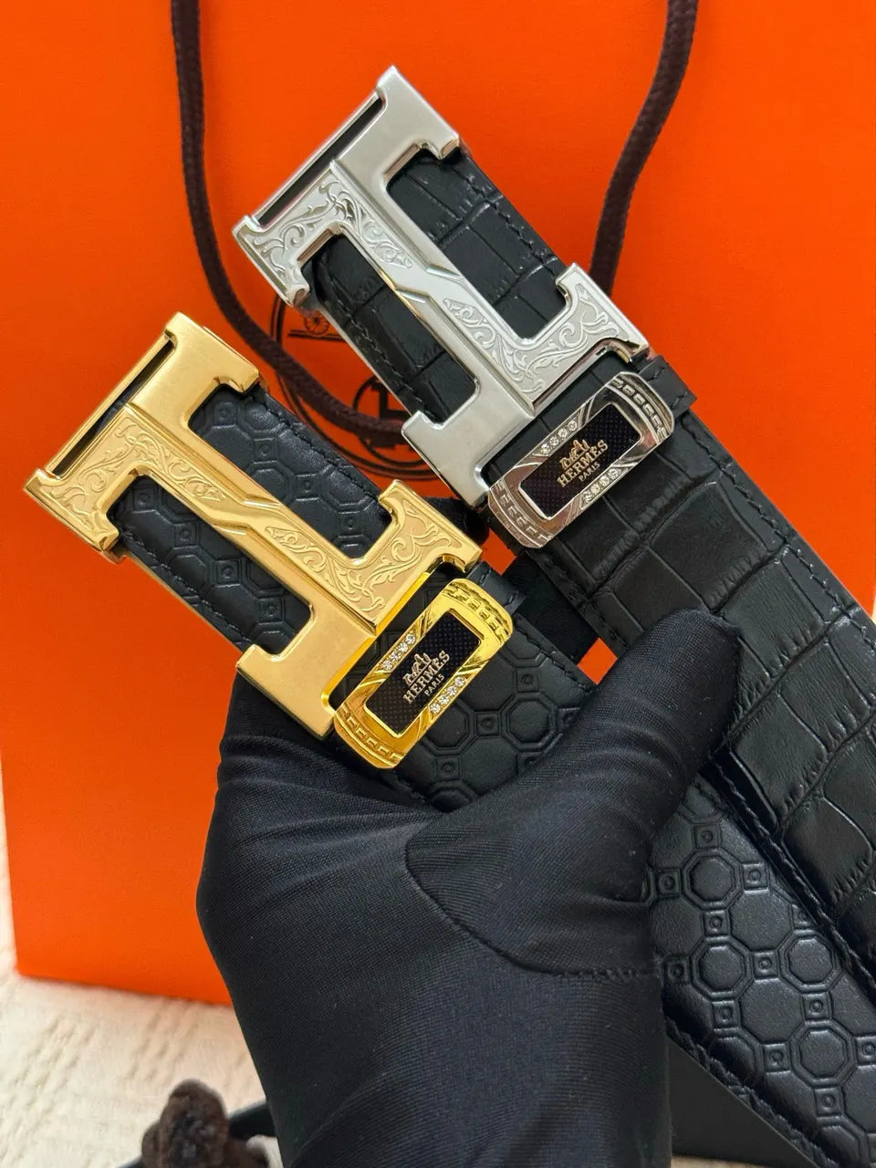 gold Hermes Black Alligator Belt - Hình 2