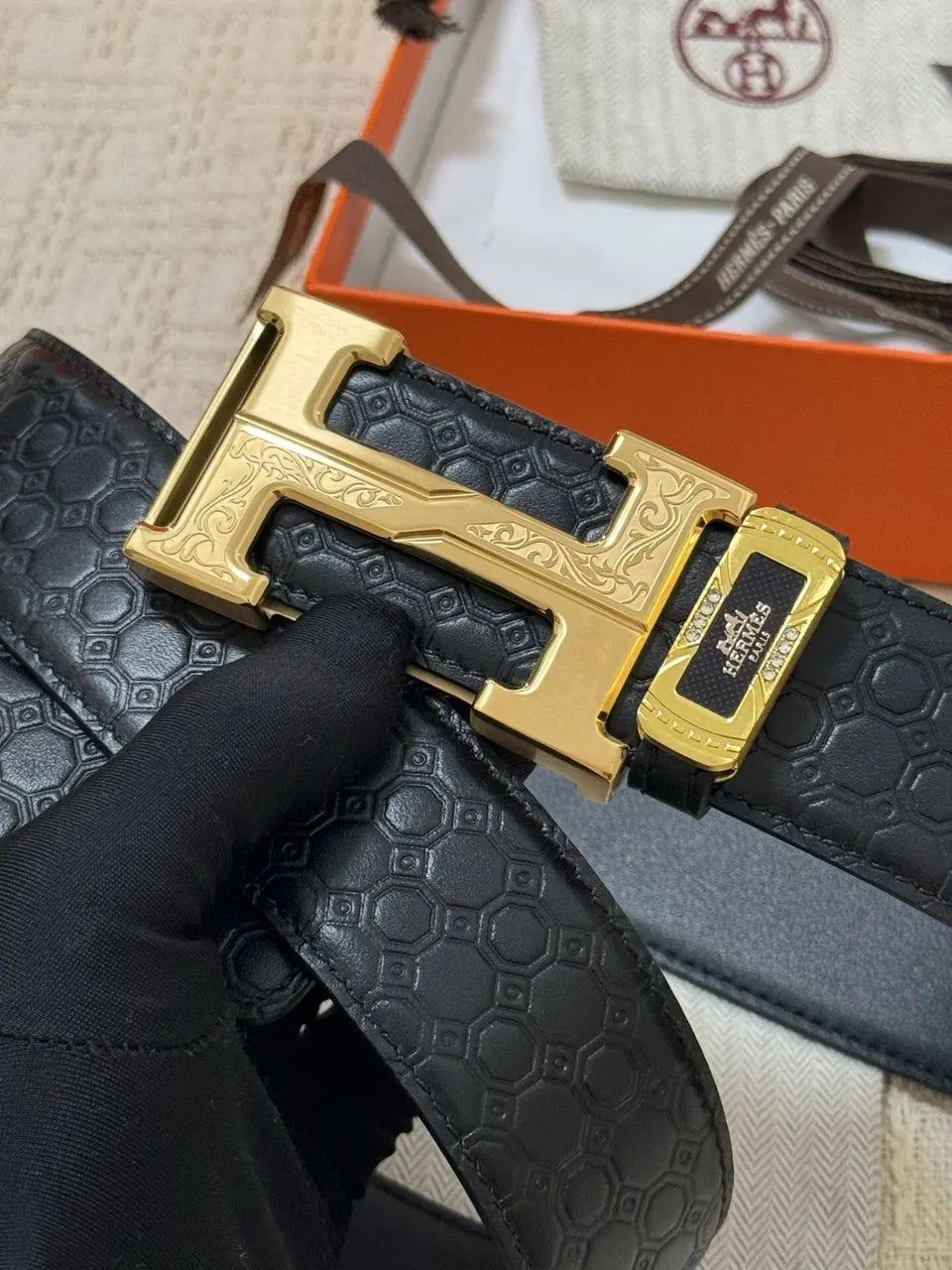 gold Hermes Black Alligator Belt - Hình 4
