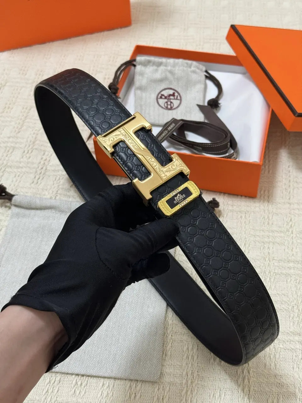 gold Hermes Black Alligator Belt - Hình 6