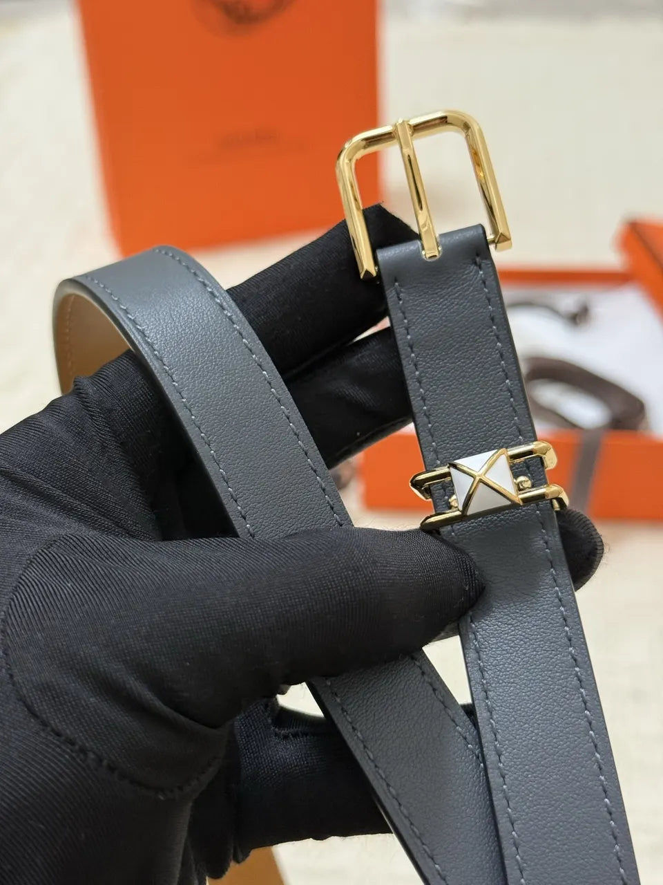 Hermès Narrow Black Leather Belt - Hình 7