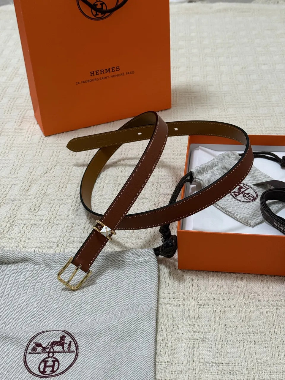 Hermes Brown Leather Skinny Belt