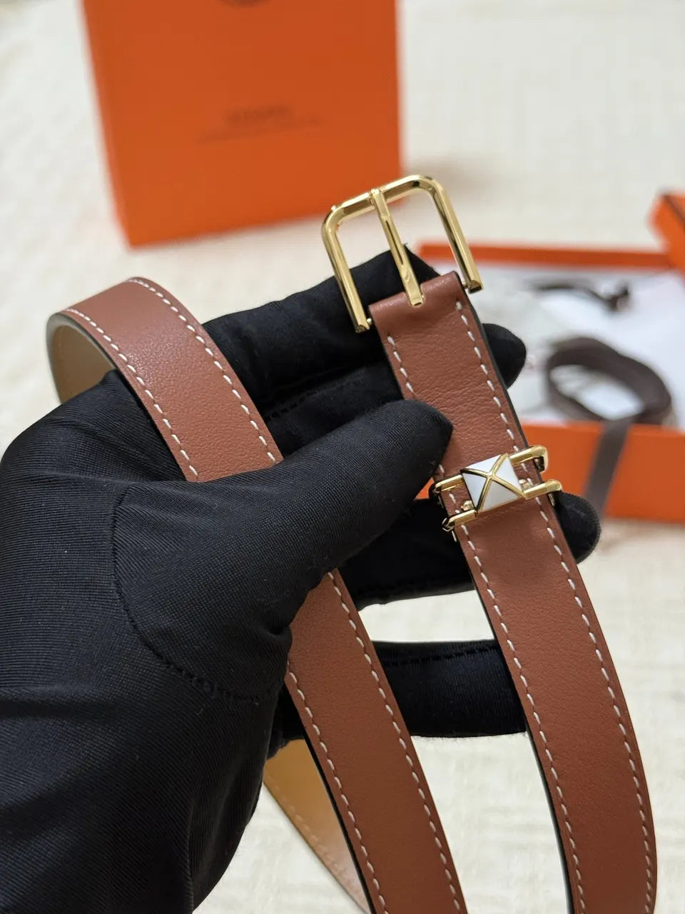 Hermes Brown Leather Skinny Belt - Hình 5