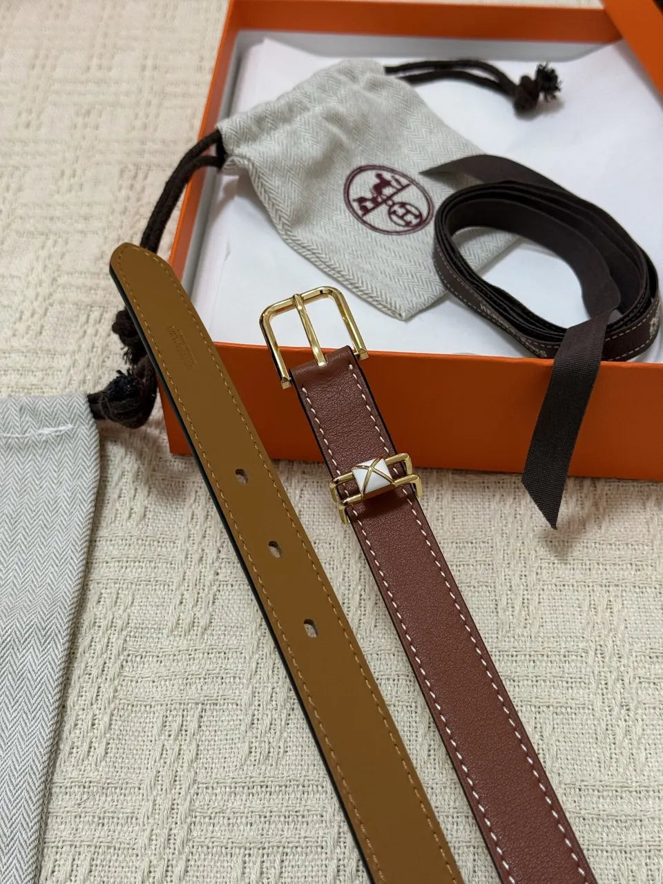 Hermes Brown Leather Skinny Belt - Hình 6