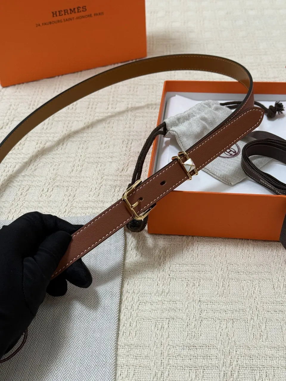 Hermes Brown Leather Skinny Belt - Hình 7