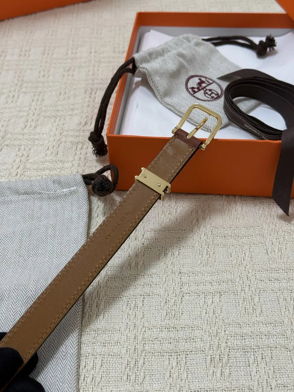Hermes Brown Leather Skinny Belt - Hình 8