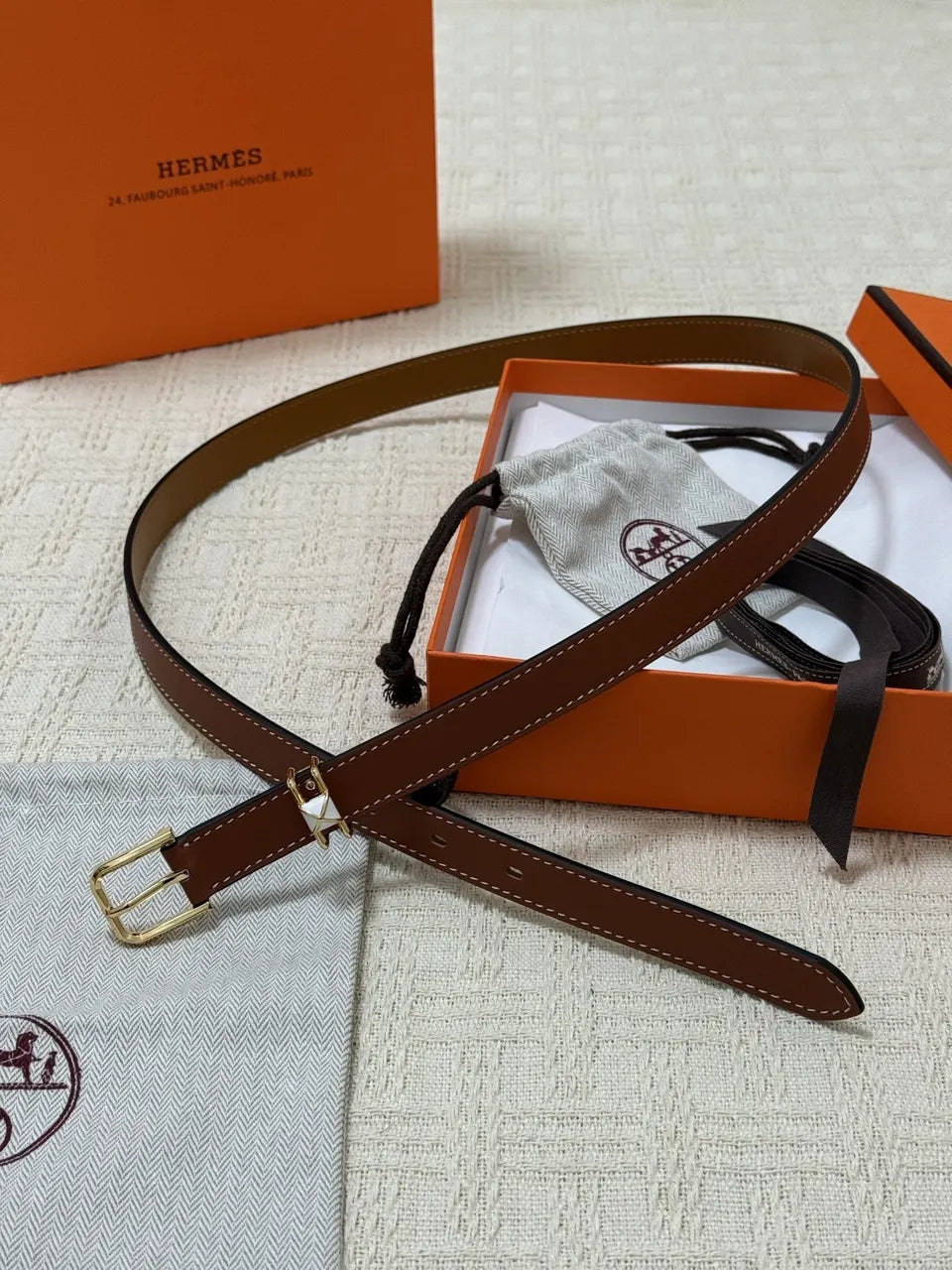 Hermes Brown Leather Skinny Belt - Hình 9