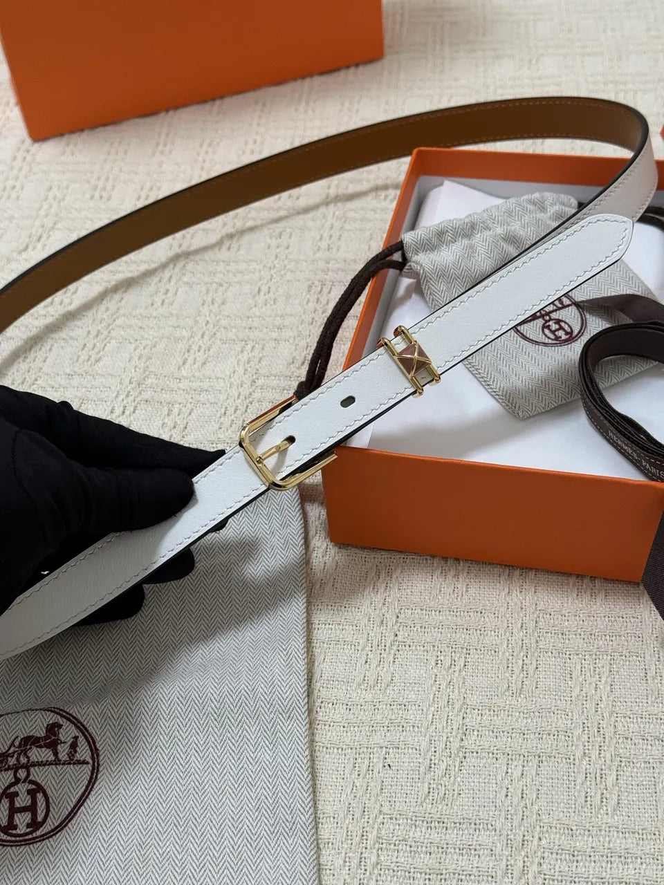 Hermes White Leather Constance Belt - Hình 8