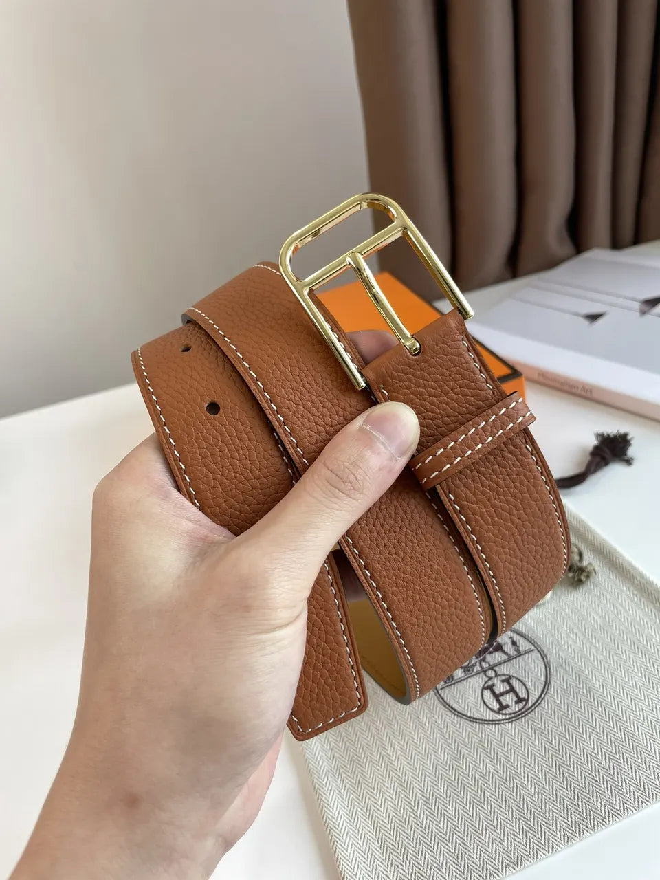 Hermes Gold Leather Belt - Hình 2