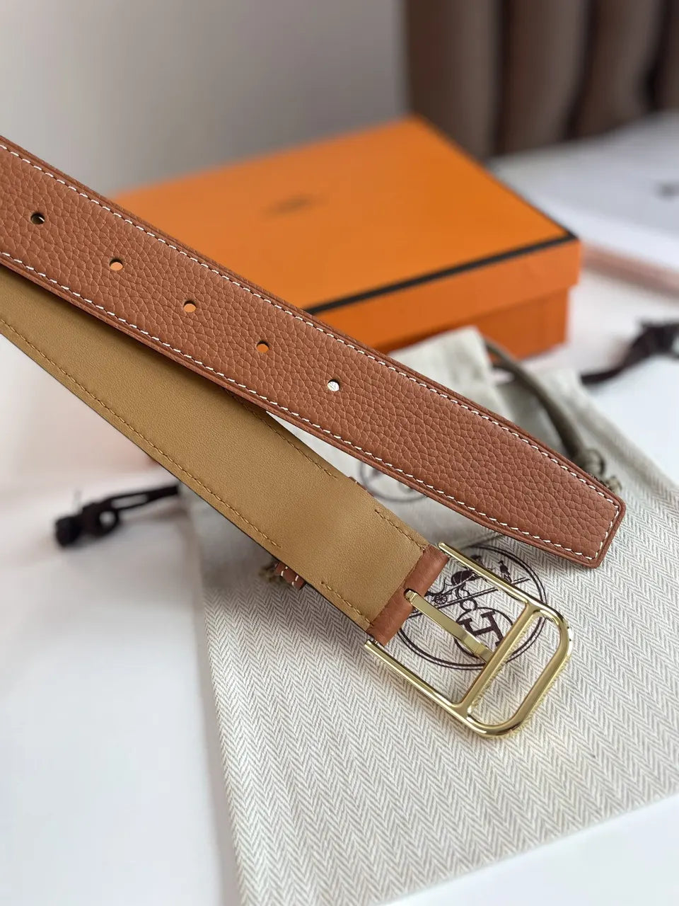 Hermes Gold Leather Belt - Hình 3