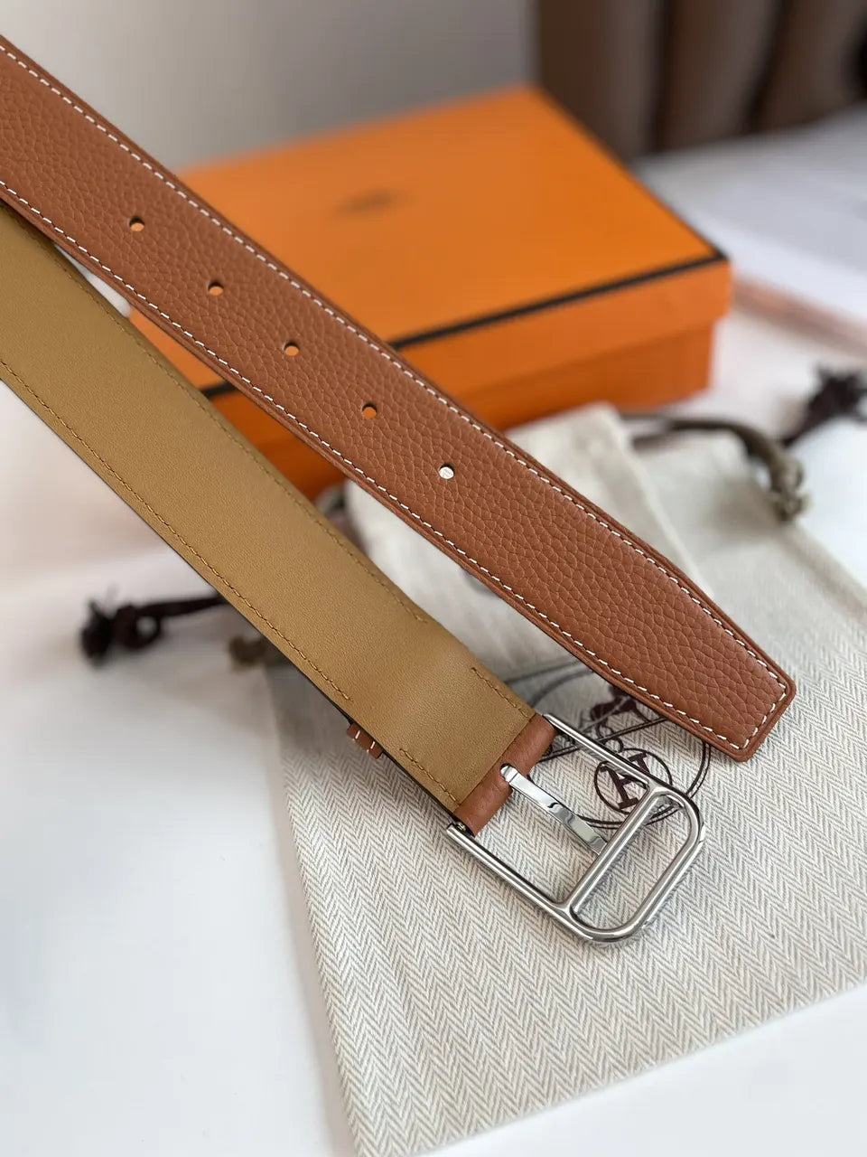 Hermes Tan Leather Belt - Hình 4