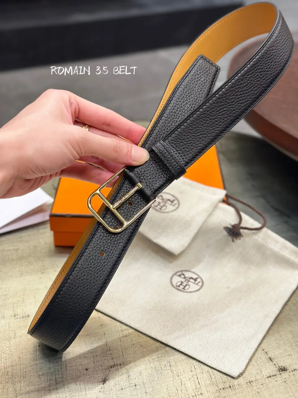 Hermes Romain 35 Black Leather Belt - Hình 2