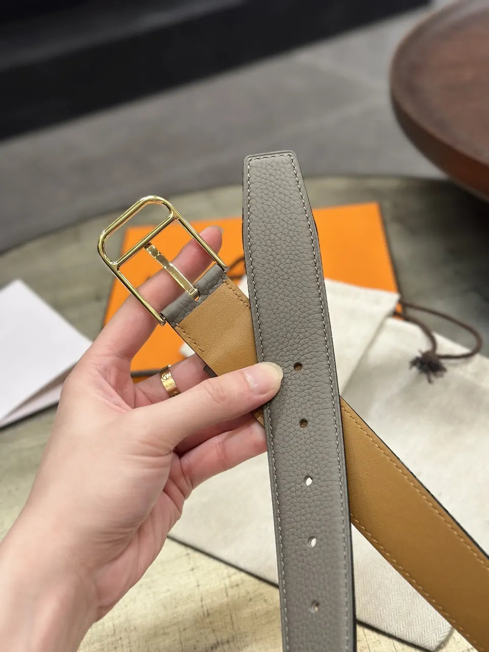 romain Hermes Grey Leather Belt - Hình 6