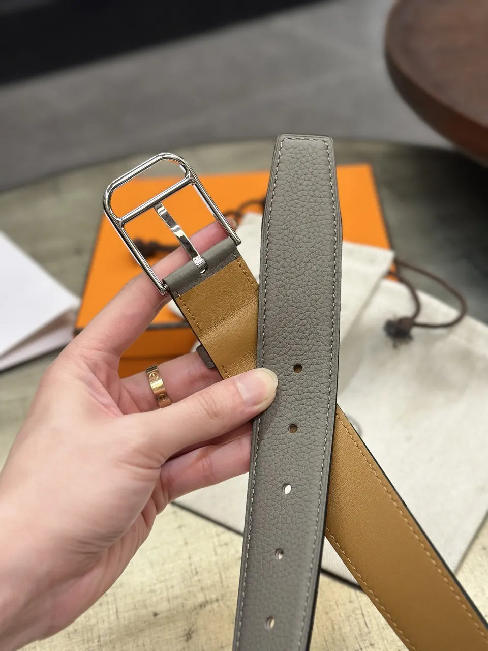 Hermes Romain 35 Grey Leather Belt - Hình 6